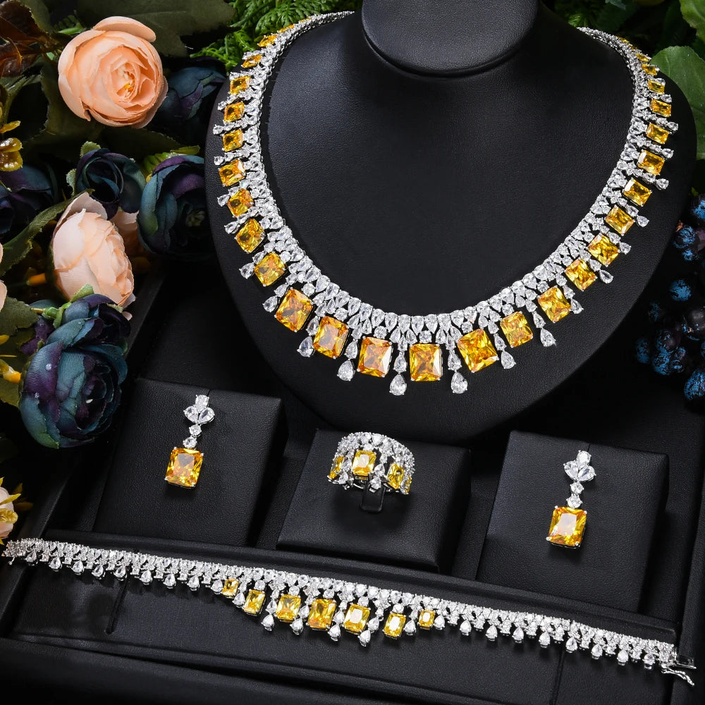 Missvikki Luxury 4PCS Necklace Bracelet Earrings Ring Sets for Women Wedding Naija Bridal Cubic Zirconia Dubai Dress Jewelry Set