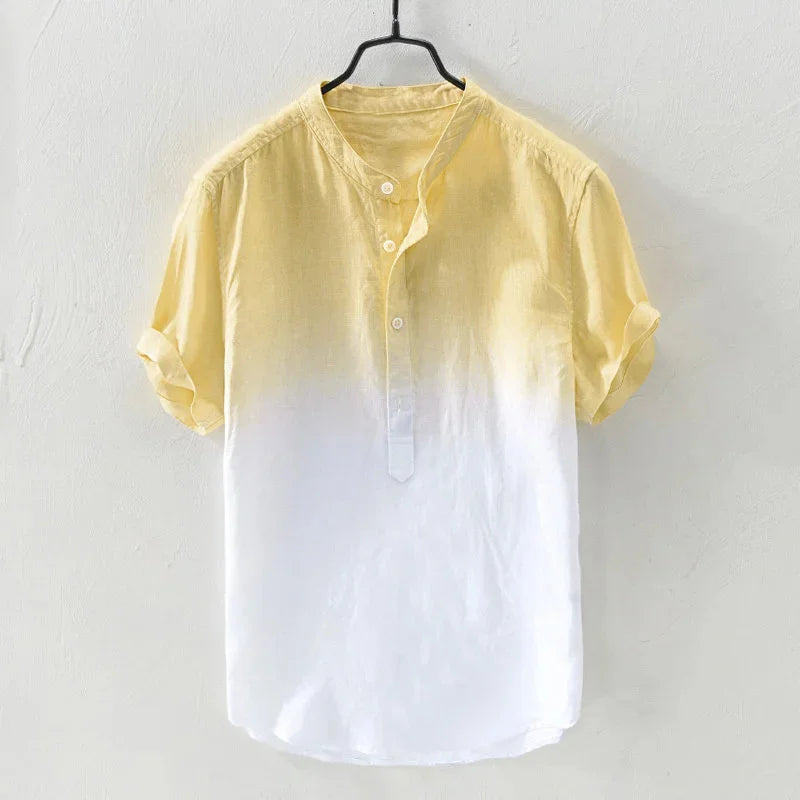 Linen shirt 100% Hawaiian casual vacation men's summer shirt outdoor street casual spring V-neck short sleeve, white, blue