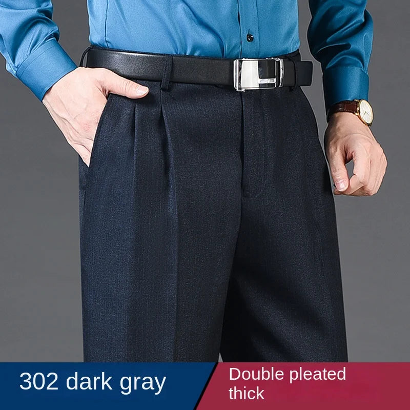 Double Pleated Mens suit pants Loose Fitting High Waist Trousers for Male Casual Business Formal Dress Pants Thick Autumn Winter
