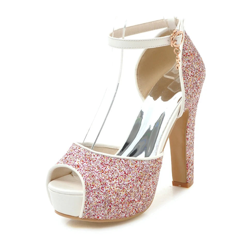 Summer New Peep Toe Shiny Sequins High Heels Women Platform Sandals Party Dress Wedding Pumps Ladies Shoes Gold Zapatos de Mujer