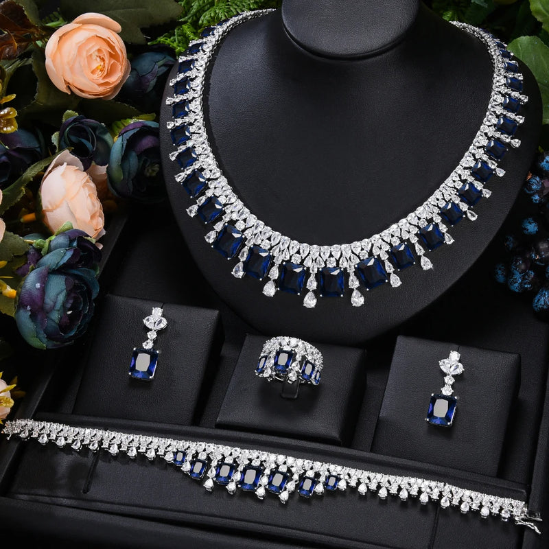 Missvikki Luxury 4PCS Necklace Bracelet Earrings Ring Sets for Women Wedding Naija Bridal Cubic Zirconia Dubai Dress Jewelry Set