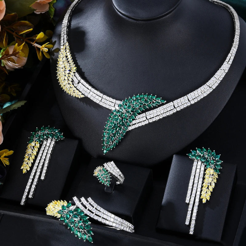 Siscathy Fashion Luxurious Zircon Leaves Necklace Wedding Jewelry Set For Women Female Party Dinner Dress Accessory Jewelry Gift