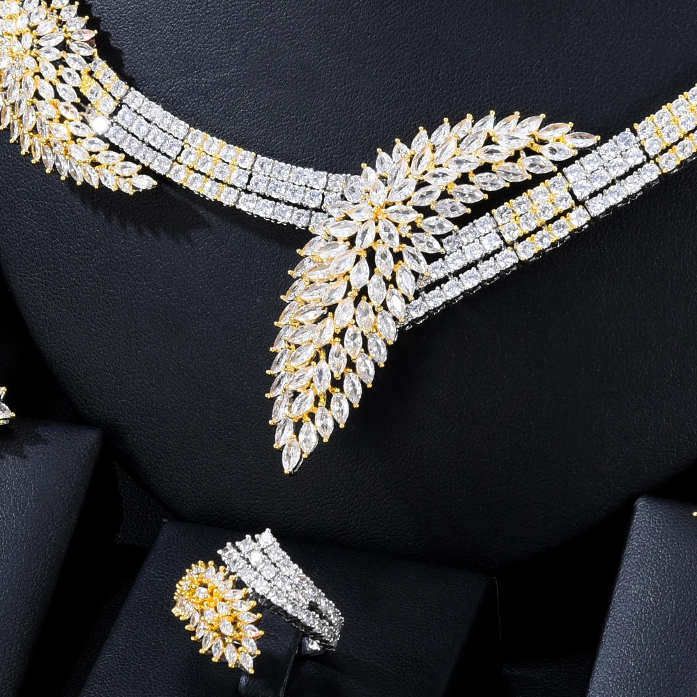 Siscathy Fashion Luxurious Zircon Leaves Necklace Wedding Jewelry Set For Women Female Party Dinner Dress Accessory Jewelry Gift