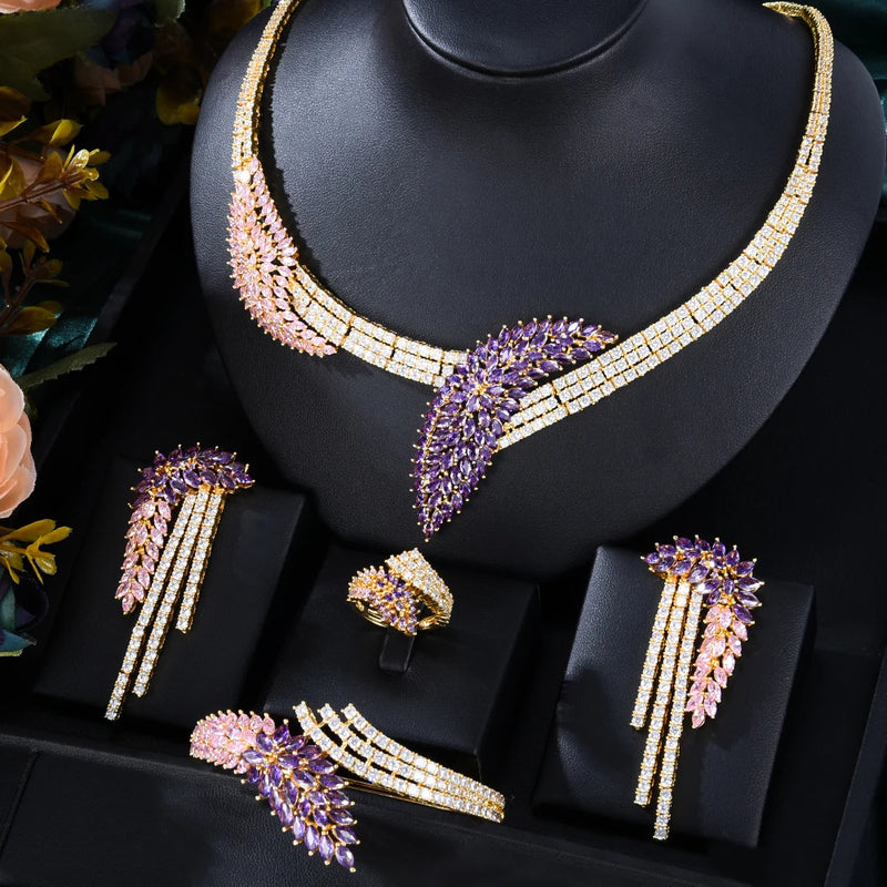 Siscathy Fashion Luxurious Zircon Leaves Necklace Wedding Jewelry Set For Women Female Party Dinner Dress Accessory Jewelry Gift