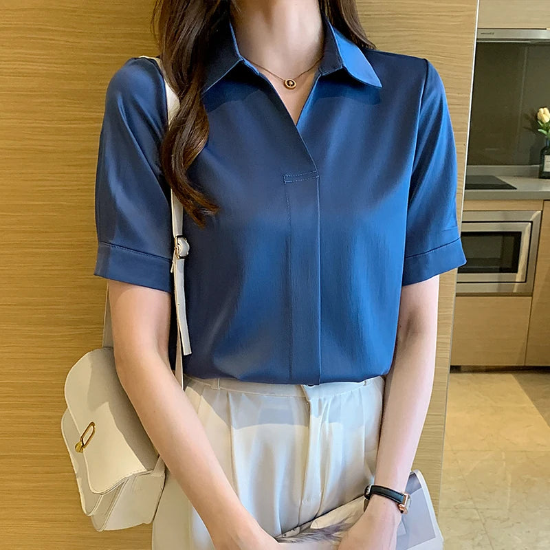 Blouses Femme Short Sleeve Women Tops Blouse Women Blusas Mujer De Moda 2024Turn Down Collar Chiffon White Blouse Shirt E689