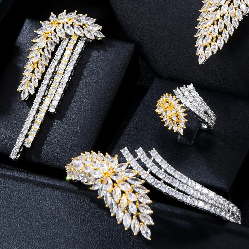 Siscathy Fashion Luxurious Zircon Leaves Necklace Wedding Jewelry Set For Women Female Party Dinner Dress Accessory Jewelry Gift