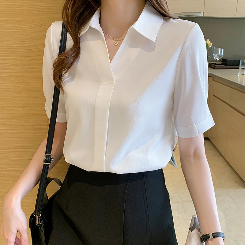 Blouses Femme Short Sleeve Women Tops Blouse Women Blusas Mujer De Moda 2024Turn Down Collar Chiffon White Blouse Shirt E689