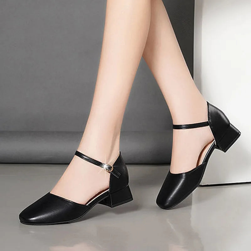 Plus Size 34-42 Women Low Heels Dress Shoes Cover Toe Ankle Strap Sandals Ol Office Lady Shoe Black Mary Janes Ladies Shoe