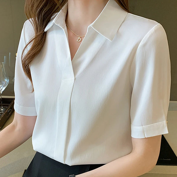 Blouses Femme Short Sleeve Women Tops Blouse Women Blusas Mujer De Moda 2024Turn Down Collar Chiffon White Blouse Shirt E689