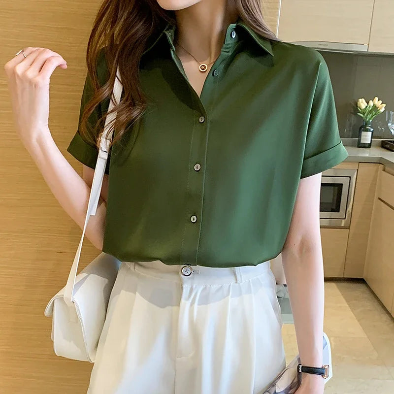 Summer Short Sleeve Women Shirt Blusas Mujer De Moda 2024 Verano Office Lady Turn Down Collar Shirt Women Tops Shirts Blusa E704