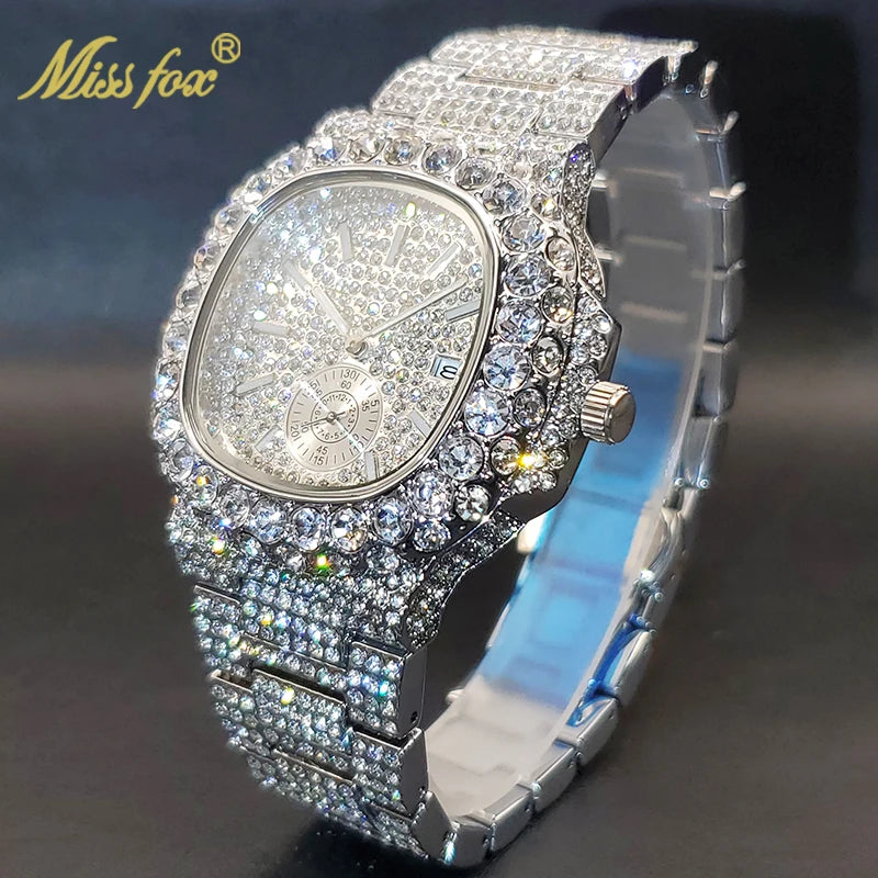 Gold Watch For Men Diamond Iced Out Hip Hop Stylish Quartz Watches For Male Double Dial Heavry Waterproof Wristwatches Summer In