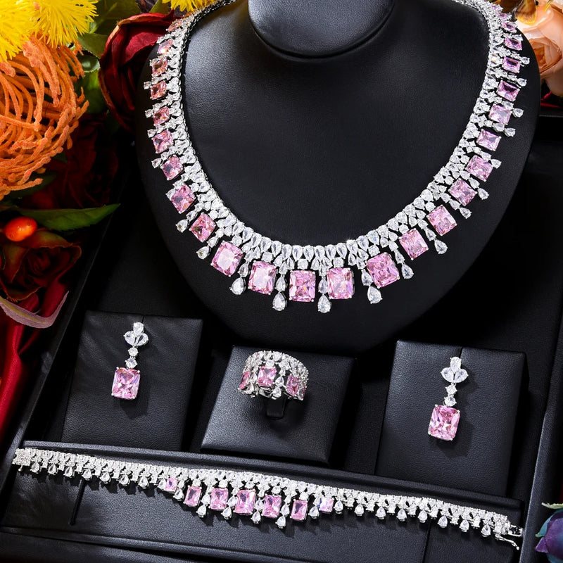 Missvikki Luxury 4PCS Necklace Bracelet Earrings Ring Sets for Women Wedding Naija Bridal Cubic Zirconia Dubai Dress Jewelry Set