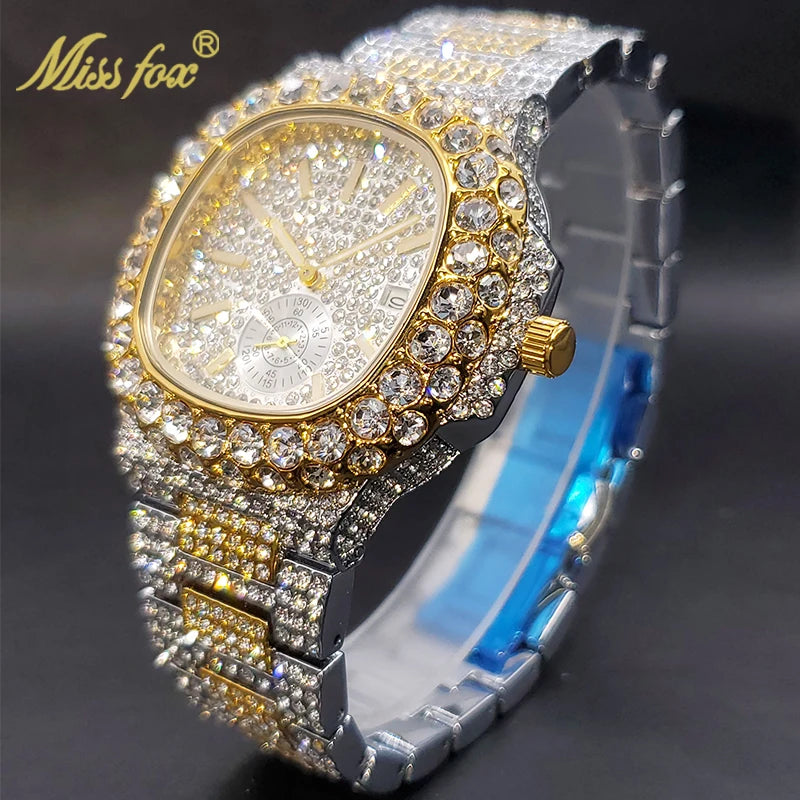 Gold Watch For Men Diamond Iced Out Hip Hop Stylish Quartz Watches For Male Double Dial Heavry Waterproof Wristwatches Summer In