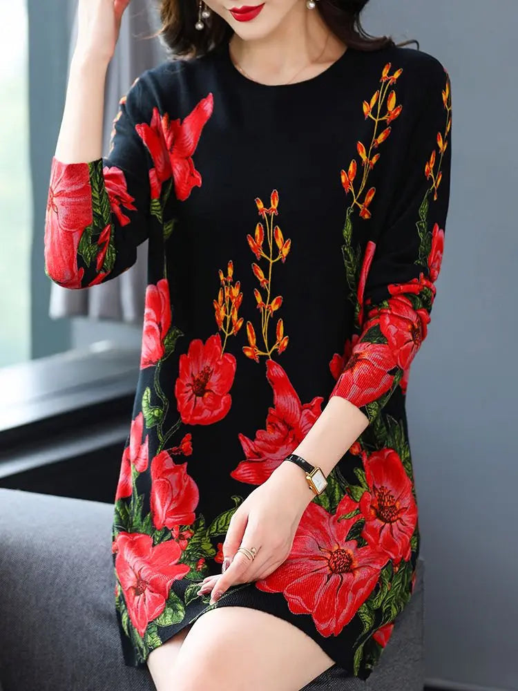 Floral Print Sweaters Dress Autumn Casual Long Sleeve Top Pullovers Knitwear Jumper Pull Elasticity Long Sweater Women