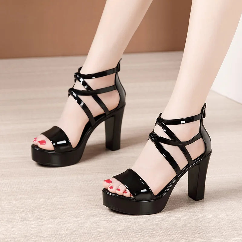 Big Size 32-43 Block Heel Platform Sandals Women Wedding Shoes 2024 Summer High Heels Gladiator Sandals Patent Leather Sandals