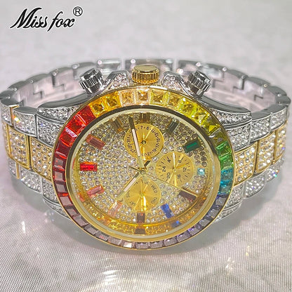 Luxury Brand MISSFOX Sliver Green Fashion Watches Men Rainbow Diamond Waterproof Smart Watch Full Steel Sports Clocks Male Reloj