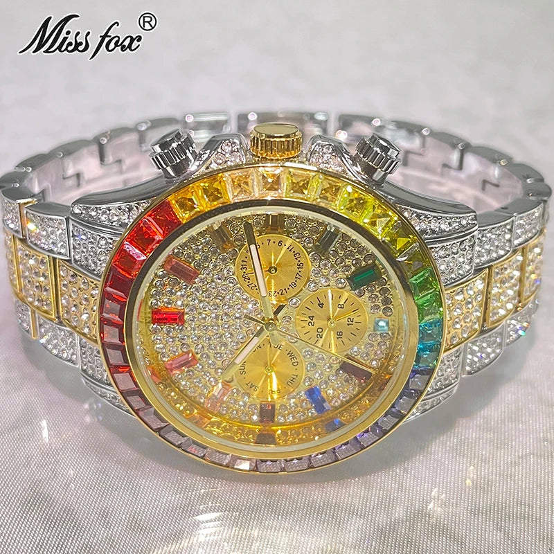 Luxury Brand MISSFOX Sliver Green Fashion Watches Men Rainbow Diamond Waterproof Smart Watch Full Steel Sports Clocks Male Reloj