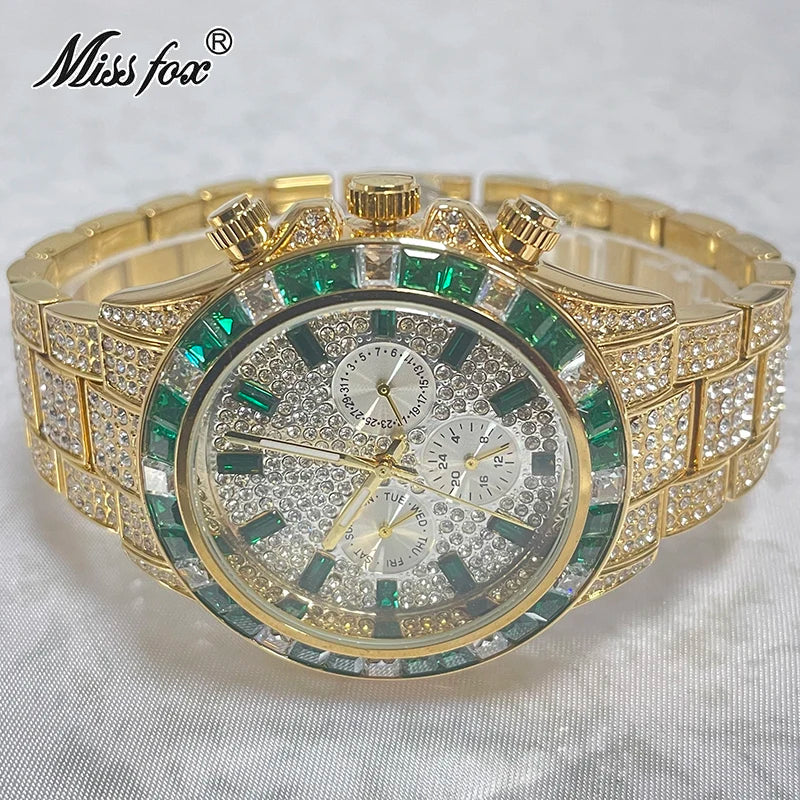 Luxury Brand MISSFOX Sliver Green Fashion Watches Men Rainbow Diamond Waterproof Smart Watch Full Steel Sports Clocks Male Reloj