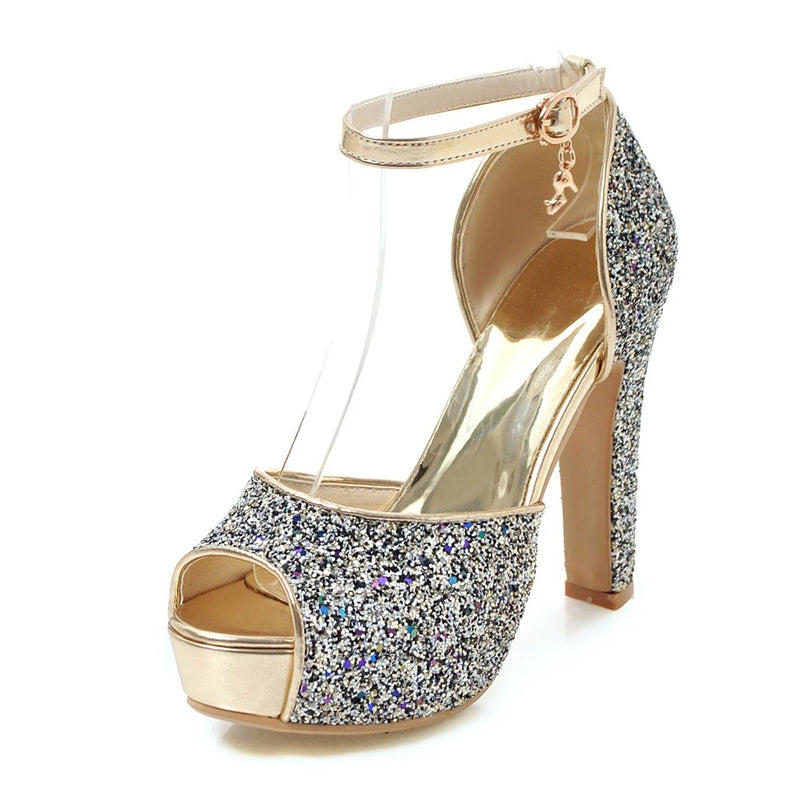 Summer New Peep Toe Shiny Sequins High Heels Women Platform Sandals Party Dress Wedding Pumps Ladies Shoes Gold Zapatos de Mujer