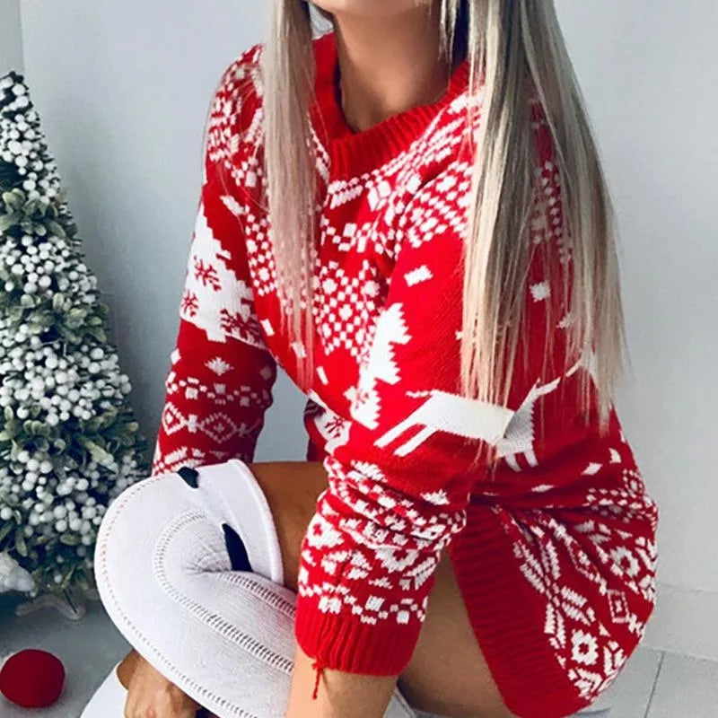 2023 Autumn Winter Dress Sweater New Women Christmas Printed Slim Knit Mini Dress Women's Long Sleeve Round Neck A Long Sweater