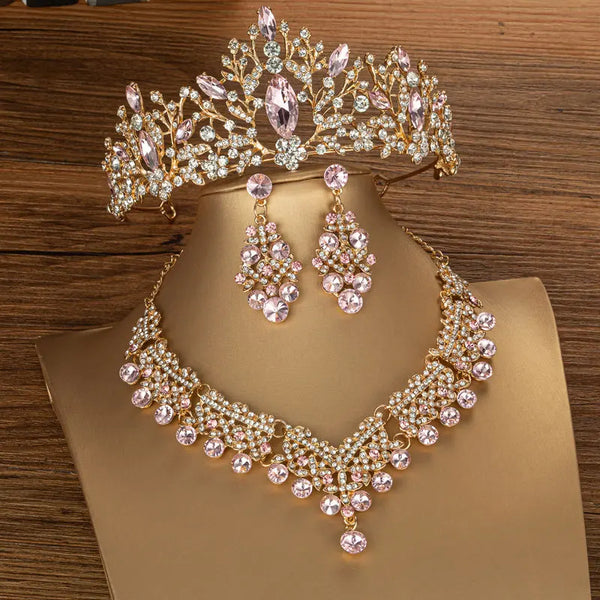 KMVEXO Luxury Crystal Bridal Jewelry Sets Women Purple Pink Tiara Earrings Choker Necklace Wedding Dress Bride Crown Jewelry Set