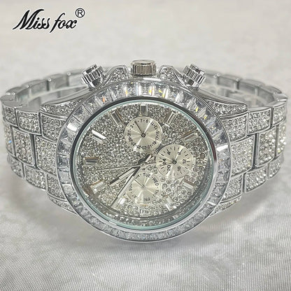 Luxury Brand MISSFOX Sliver Green Fashion Watches Men Rainbow Diamond Waterproof Smart Watch Full Steel Sports Clocks Male Reloj