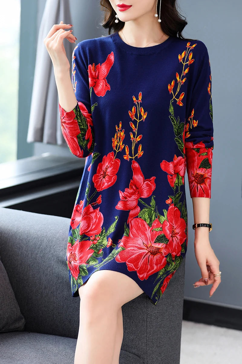 Floral Print Sweaters Dress Autumn Casual Long Sleeve Top Pullovers Knitwear Jumper Pull Elasticity Long Sweater Women