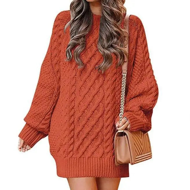 2023 Round Neck Sleeve Twisted Knitted Thick Needle Pullover Medium Long Sweater Women's Dress