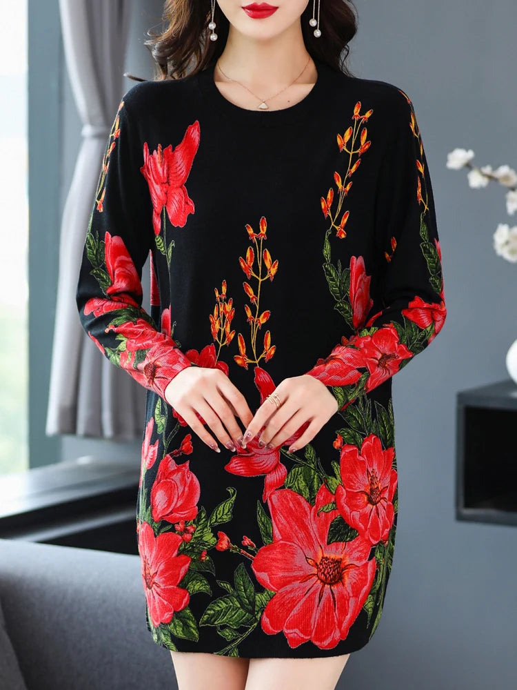 Floral Print Sweaters Dress Autumn Casual Long Sleeve Top Pullovers Knitwear Jumper Pull Elasticity Long Sweater Women