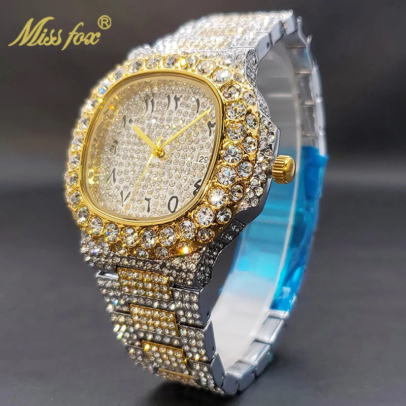 Gold Watch For Men Diamond Iced Out Hip Hop Stylish Quartz Watches For Male Double Dial Heavry Waterproof Wristwatches Summer In