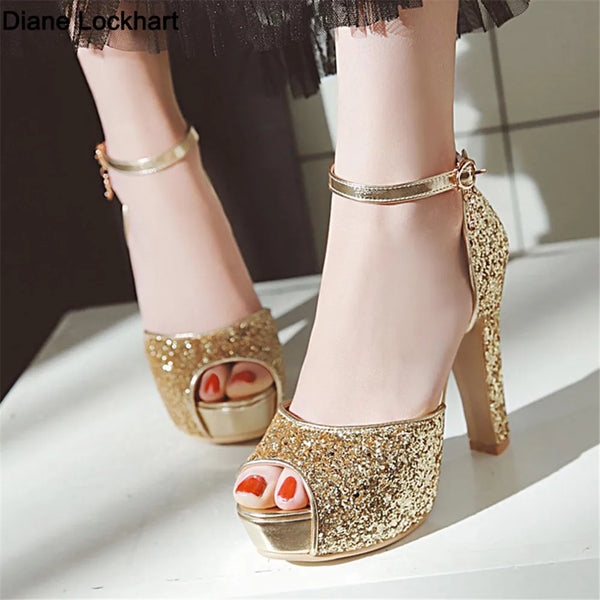 Summer New Peep Toe Shiny Sequins High Heels Women Platform Sandals Party Dress Wedding Pumps Ladies Shoes Gold Zapatos de Mujer