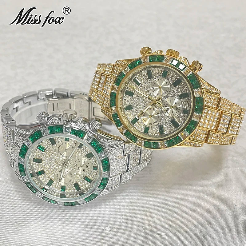 Luxury Brand MISSFOX Sliver Green Fashion Watches Men Rainbow Diamond Waterproof Smart Watch Full Steel Sports Clocks Male Reloj