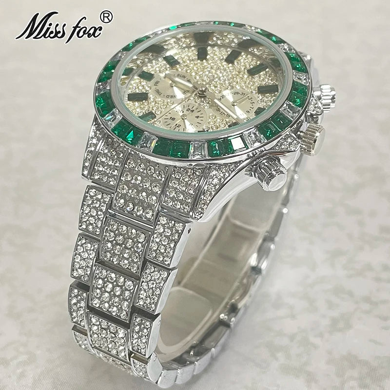 Luxury Brand MISSFOX Sliver Green Fashion Watches Men Rainbow Diamond Waterproof Smart Watch Full Steel Sports Clocks Male Reloj