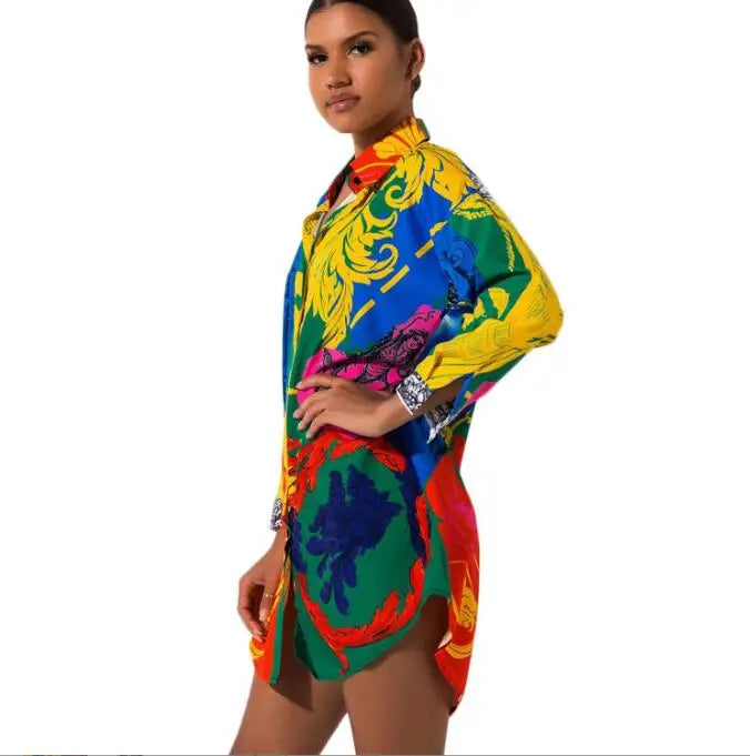 2023 New Fashion Women Shirt Dress Long Sleeve Vestidos Designer Dresses Colorful Painted One Piece Wholesale Clothing