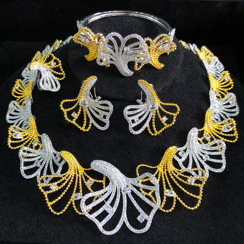 GODKI 4PCS Jingo Leaf Flower Luxury African Jewelry Sets For Women Wedding Party Naija Bride Necklace Dubai Bridal Dress Jewelry