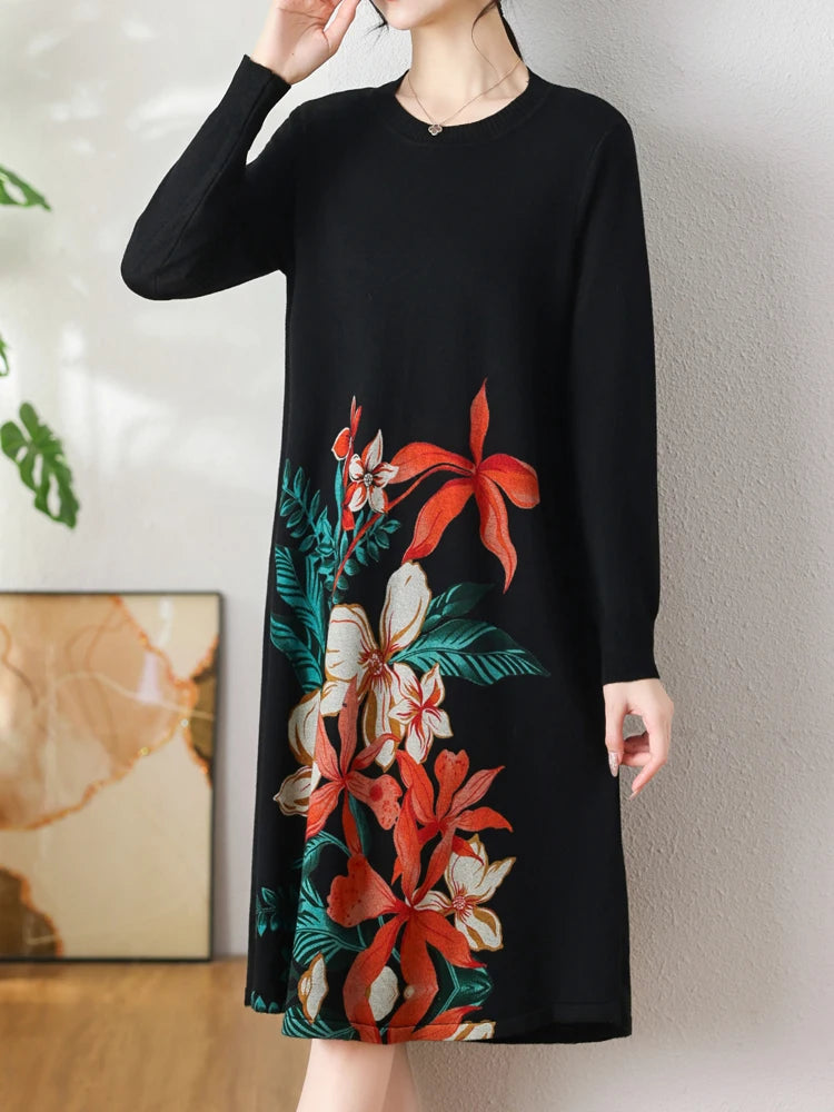 Floral Print Long Sweaters Dress Spring Women Clothing Long Sleeve Femme Pullover Elasticity Loose Pulls Sweater For Women