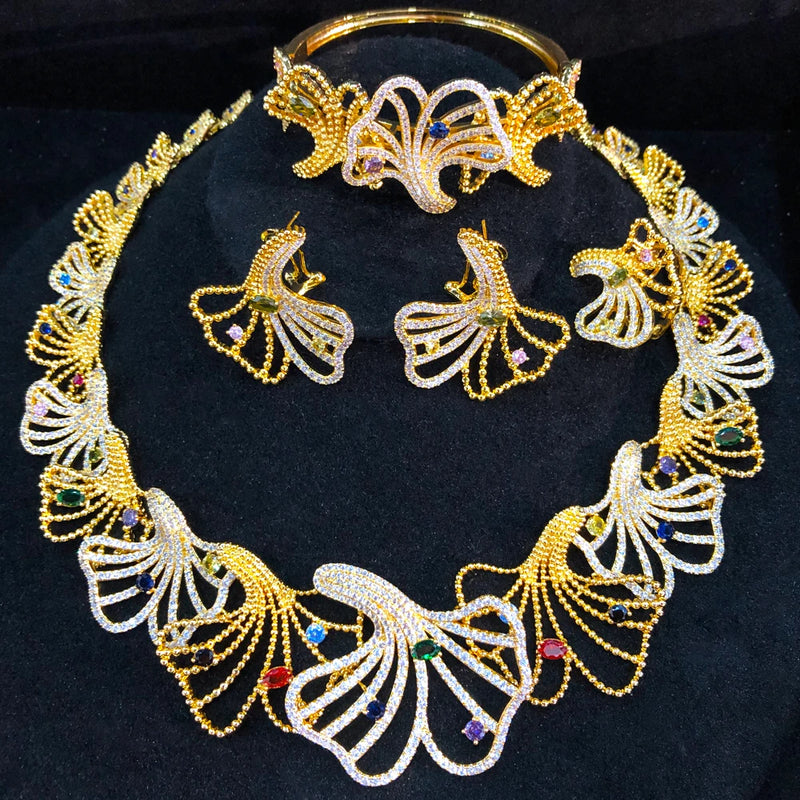 GODKI 4PCS Jingo Leaf Flower Luxury African Jewelry Sets For Women Wedding Party Naija Bride Necklace Dubai Bridal Dress Jewelry