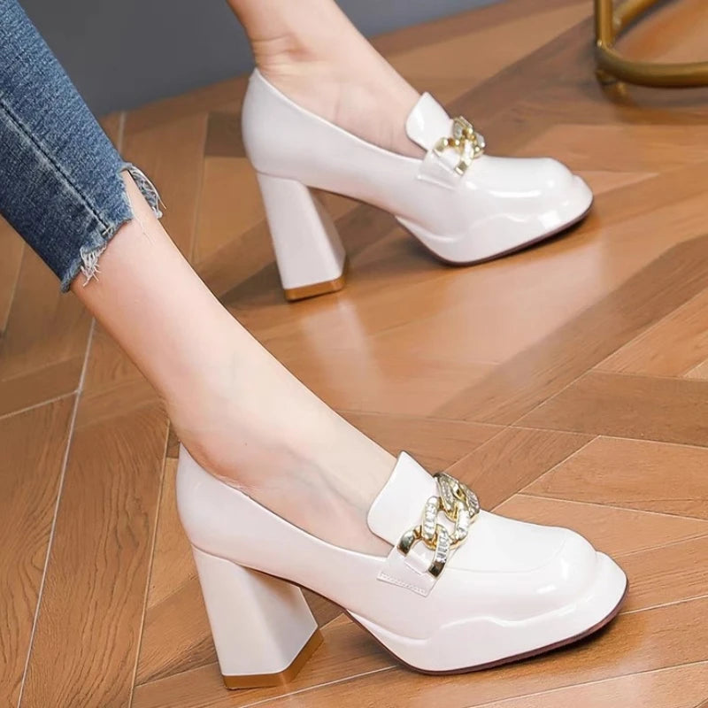 Women Patent Leather Shoes Thick Heels Mary Jane Shoes Fashion Square Toe Ladies Elegant Dress Single Metal Buckle High Heels