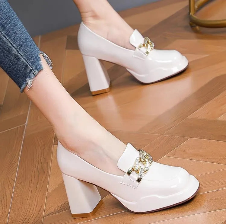 Women Patent Leather Shoes Thick Heels Mary Jane Shoes Fashion Square Toe Ladies Elegant Dress Single Metal Buckle High Heels