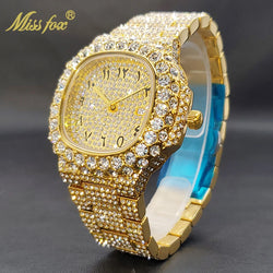 Gold Watch For Men Diamond Iced Out Hip Hop Stylish Quartz Watches For Male Double Dial Heavry Waterproof Wristwatches Summer In