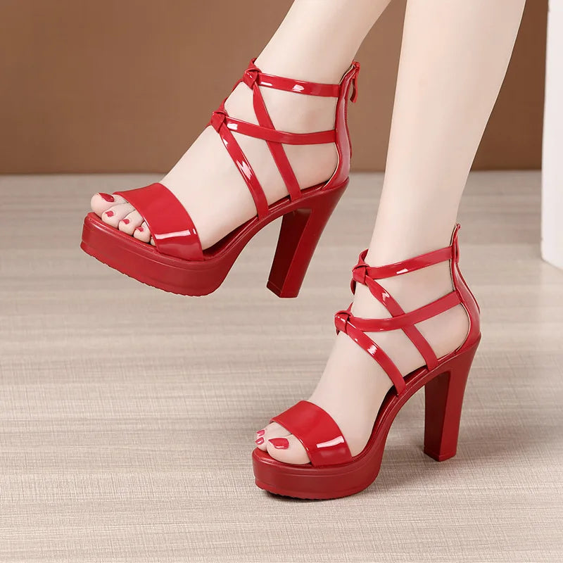 Big Size 32-43 Block Heel Platform Sandals Women Wedding Shoes 2024 Summer High Heels Gladiator Sandals Patent Leather Sandals