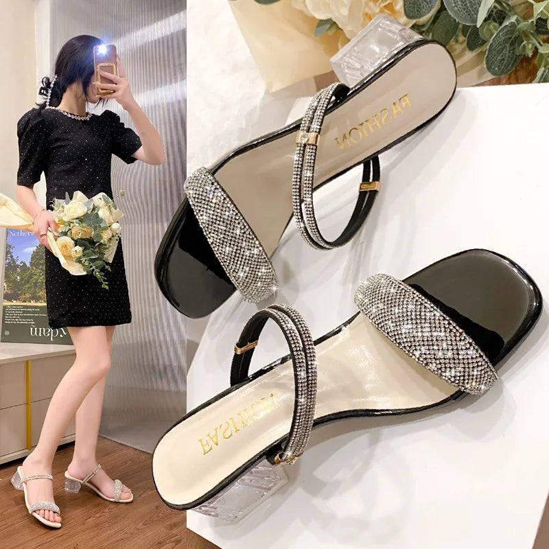 Women's Sandals 2024 Summer New Fashion Rhinestone High Heels Slippers Female Buckle Party Shoes for Women Zapatos De Mujer