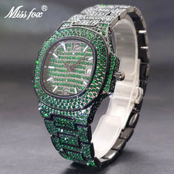 Green Watches For Men Full Diamond Iced Out Auto Date 3atm Waterproof Timepieces Square Blue Purple Watch For Man Dropshipping