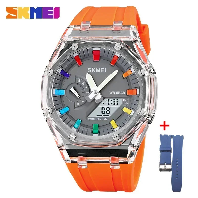 SKMEI Waterproof Men Watch Countdown Stopwatch Led Light Electronic Movement Wristwatch 5Alarm Clock 2 Time Digital Watches 2100