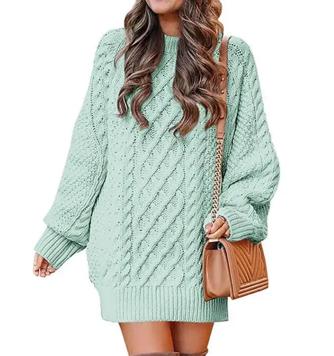 2023 Round Neck Sleeve Twisted Knitted Thick Needle Pullover Medium Long Sweater Women's Dress