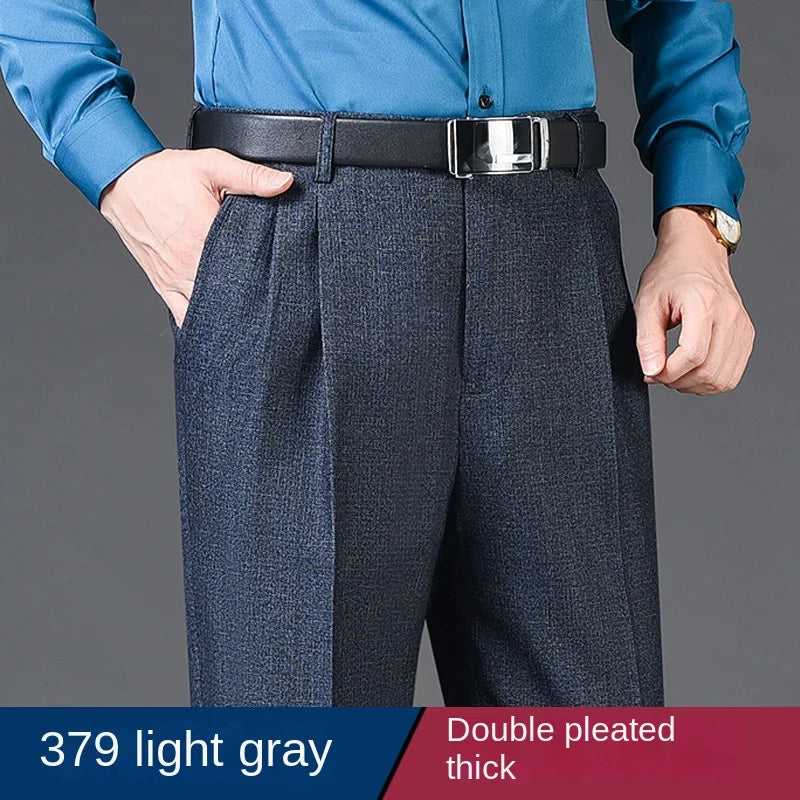 Double Pleated Mens suit pants Loose Fitting High Waist Trousers for Male Casual Business Formal Dress Pants Thick Autumn Winter