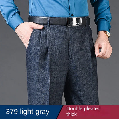 Double Pleated Mens suit pants Loose Fitting High Waist Trousers for Male Casual Business Formal Dress Pants Thick Autumn Winter