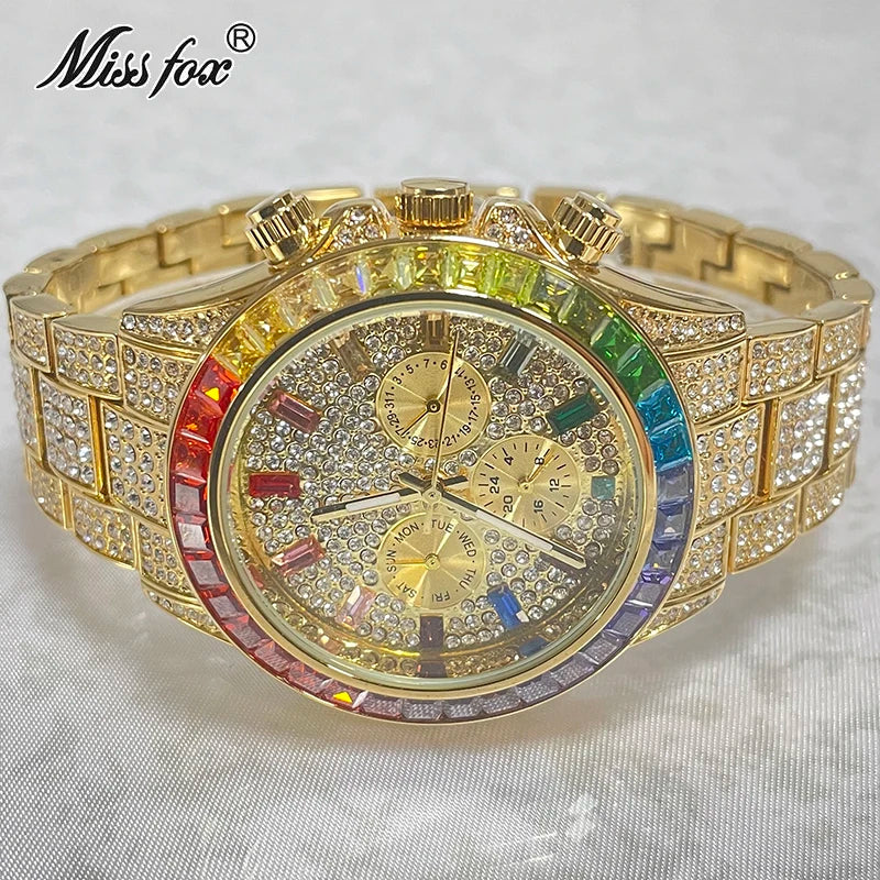 Luxury Brand MISSFOX Sliver Green Fashion Watches Men Rainbow Diamond Waterproof Smart Watch Full Steel Sports Clocks Male Reloj