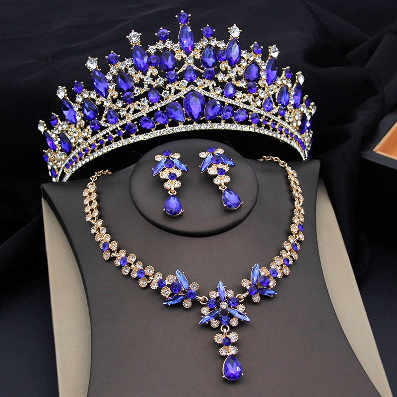 Purple Crystal Tiaras and Necklace Earrings Crown Bridal Sets Jewelry Princess Queen Bride Wedding Dress Costume Accessories