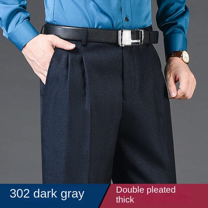 Double Pleated Mens suit pants Loose Fitting High Waist Trousers for Male Casual Business Formal Dress Pants Thick Autumn Winter
